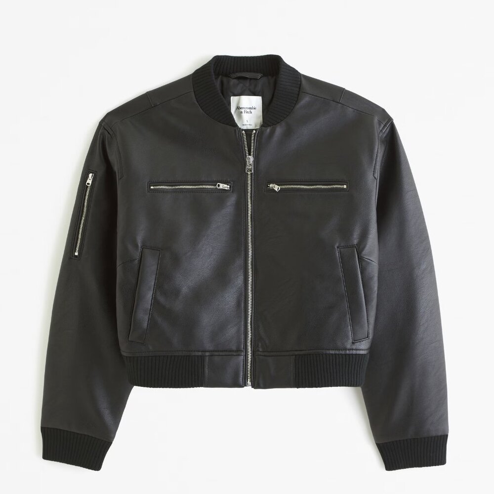 A&F Women's Cropped Vegan Leather Bomber Jacket in BlackVegan Leather Size Small